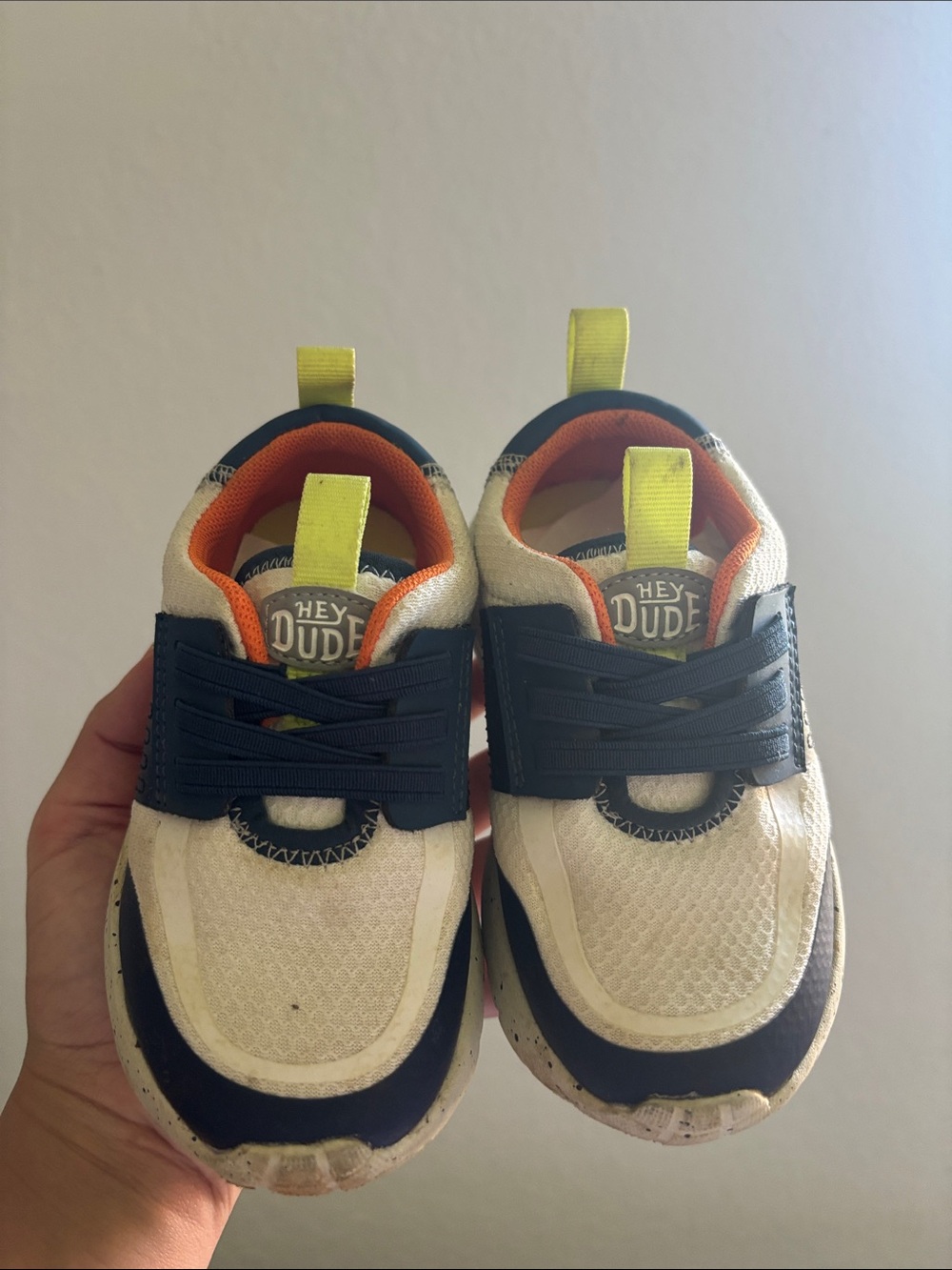 Hey Dude White, Navy & Orange Kids Sneakers with Yellow Pull Tab